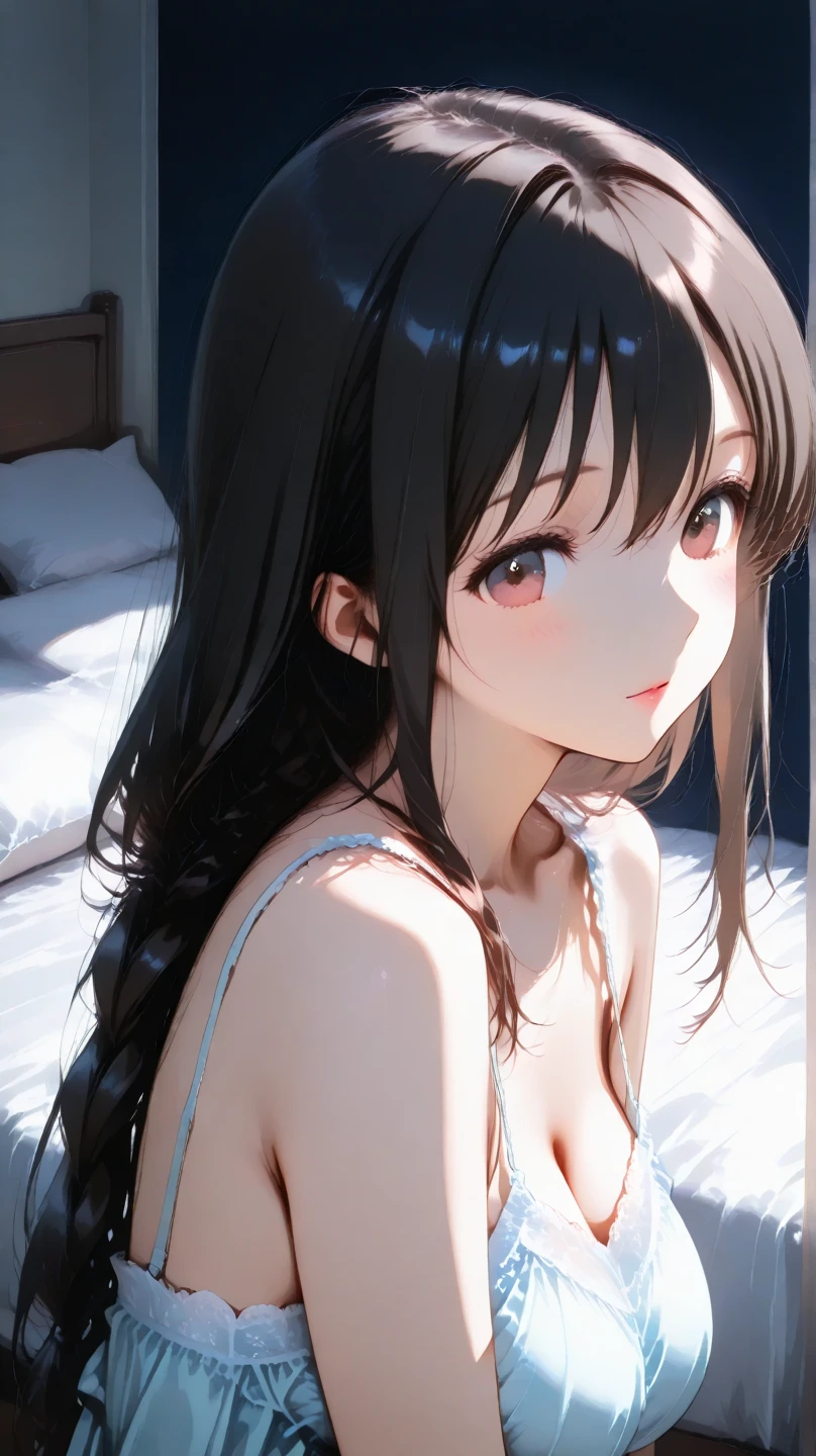 (1girl in:1.3), Cinematic Light, (masutepiece, of the highest quality, Best Quality, Official art, Beautiful and aesthetic:1.3), ighly detailed,highest details,(Ultra-detailed),((extremely delicate and beautiful)), ((Crouch down)), (a dark night), ((Bedroom)), From above, Solo, breasts, Silky long hair, (Brown hair), ((fullnude)) , 21 years old, Unsteady gaze, uneasy, embarrassed, (Looking Up:1.4) ,((are visible)),