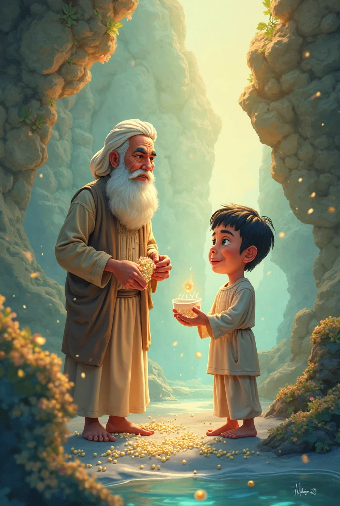 A wise Guru with a long white beard and turban sits in a halo of light, with a young child sitting in front of him, the Guru is holding his hand out, the child is looking up at him with respect. The background is a warm, golden glow, with soft, flowing lines of light. The image is full of warmth and serenity, and