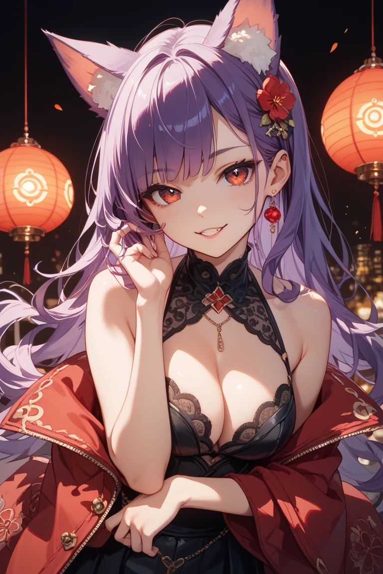 highest quality, 8k, hdr, (head to toe:1.4), Anime, Human woman, hourglass figure, looks twenty years old, very light lavender hair, Gold streaks in hair, Bright red ribbon in hair, waving at the viewer, on an anime style street, fantasy  wispy sexy red mage robes with large black magic symbols on it