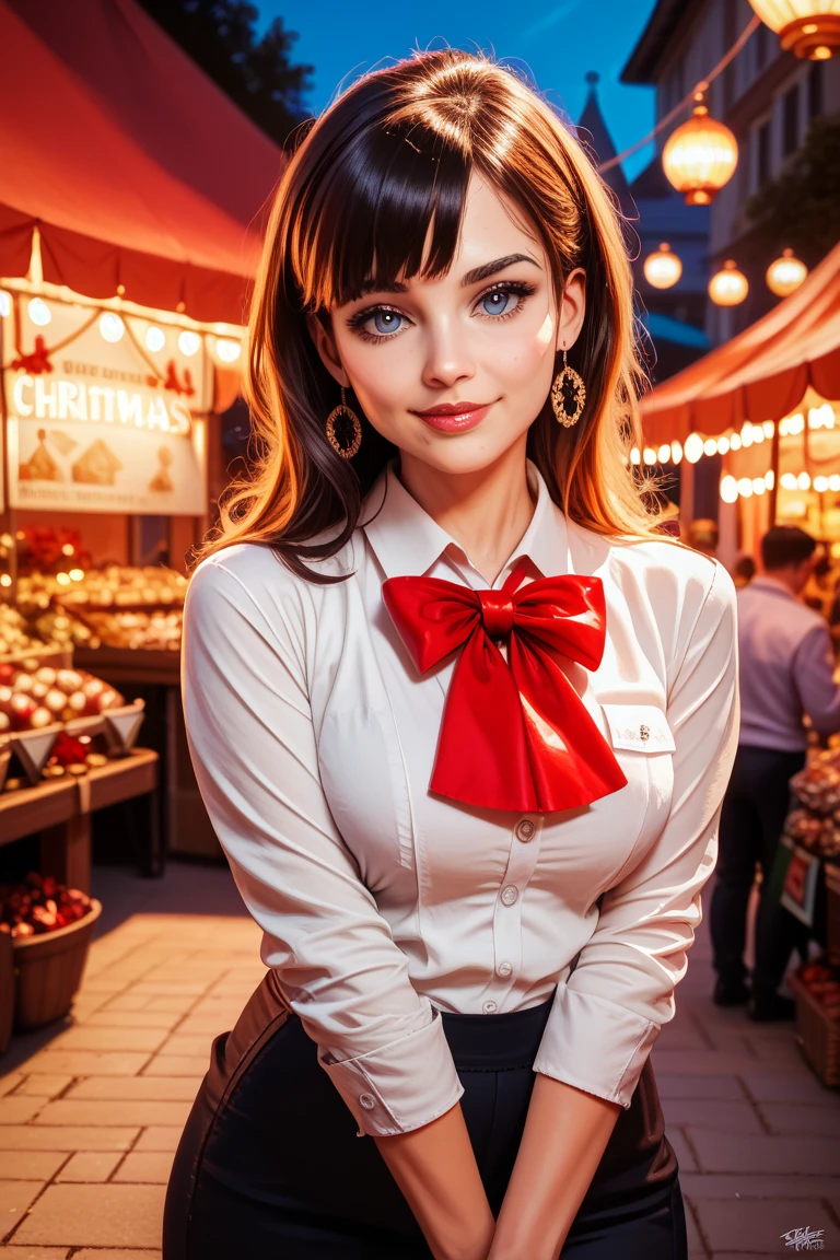 emmastone, black_hair, blurry, blurry_background, blurry_foreground, bokeh, breasts, brown_eyes, button_gap, buttons, christmas_tree, cleavage, collared_shirt, cosplay_photo, depth_of_field, large_breasts, lips,