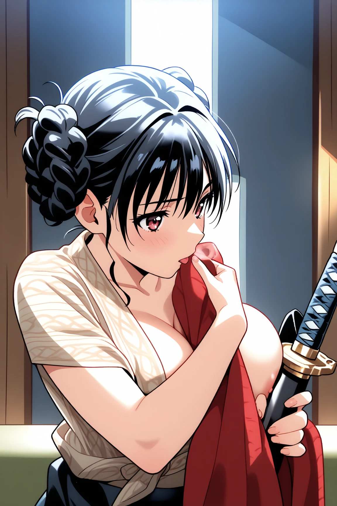 　A Japanese princess from the Sengoku period exposes her nipples　She is wearing a red robe