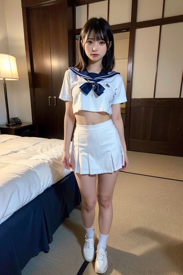 Best quality, high quality, masterpiece, high resolution, detailed, one girl, cute girl, twelve years old girl, skirt lift, white panties, brown hair, blue sailor skirt, sailor suit, black over knee socks, small breasts, show off nipple, good pupil, 4k