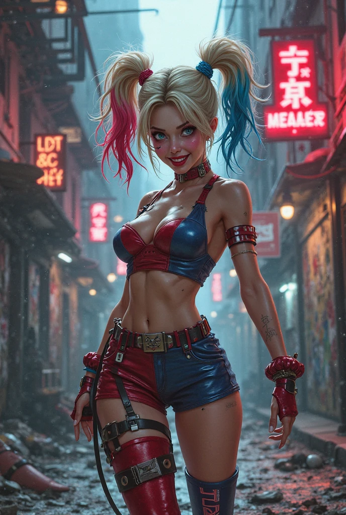 vampire,(night),blood,victorian,dress,artificial light,lamppost,docks,cleavage,hand on face,fangs,licking,freckles,bridge,body freckles,looking at viewer, harley quinn