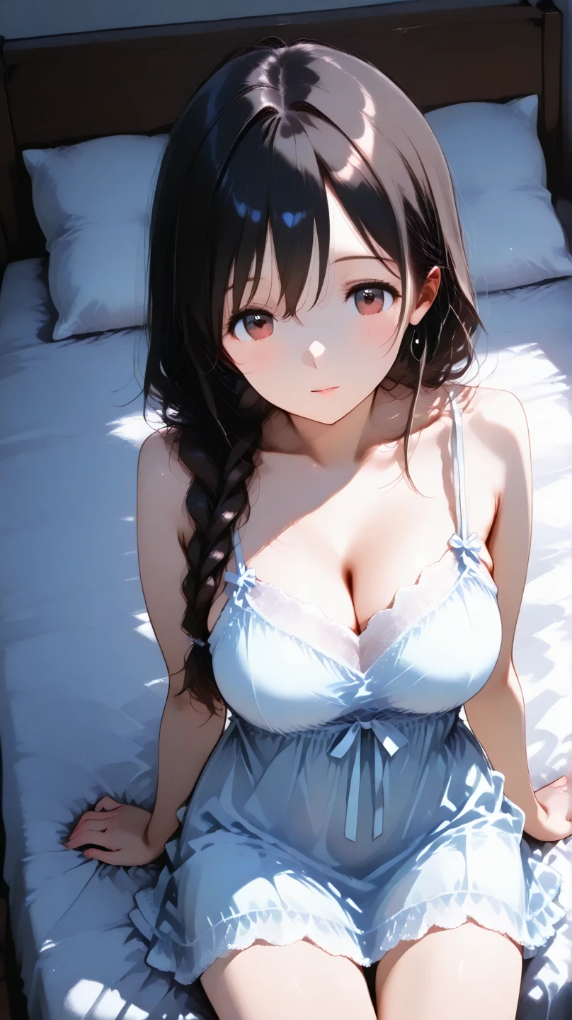 masterpiece, highest quality, One Girl, Thighs, beautiful girl, Flowers, たくさんの小さなflower, flower、Small waist, RAWphotograph,Bright lighting、Face Light, Ultra-realistic, High resolution, photograph, Sharp focus, Highly detailed eyes and face,Symmetrical face, whole body、Large Breasts、Long Hair、チラリと見えるThighs、Emphasized cleavage、Her hair was tied with a big red ribbon.、White high heels、White knit、race、White micro mini skirt、Embarrassed、smile、Happy smile、Leaning forward、Peek into