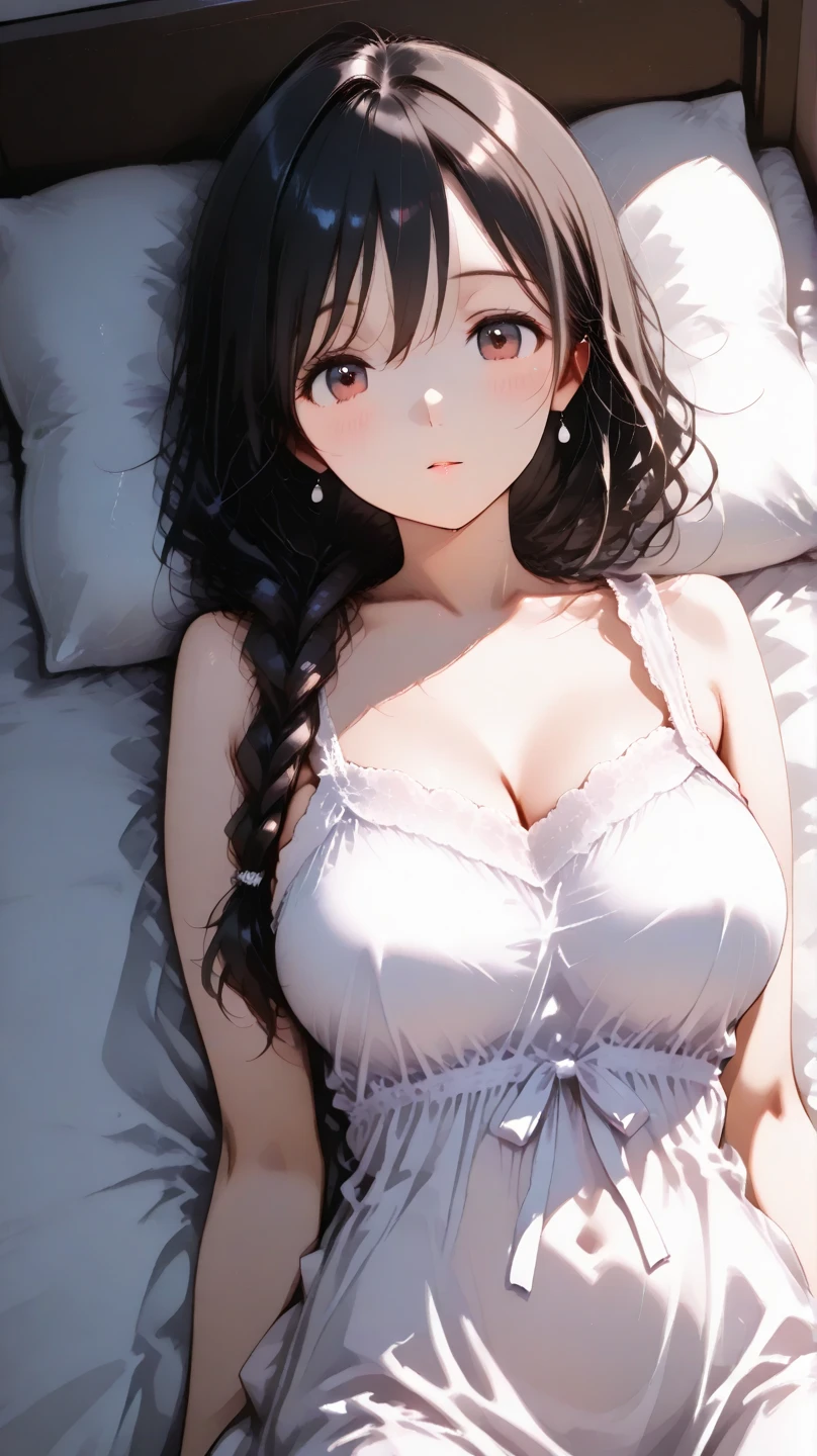 top-quality、lighting like a movie、1womanl、Lie on the bed and open your legs、Wearing frilly camisole and panties、Colossal tits、Chest exposure、Reach out here、full of sweat、Ecstatic face、