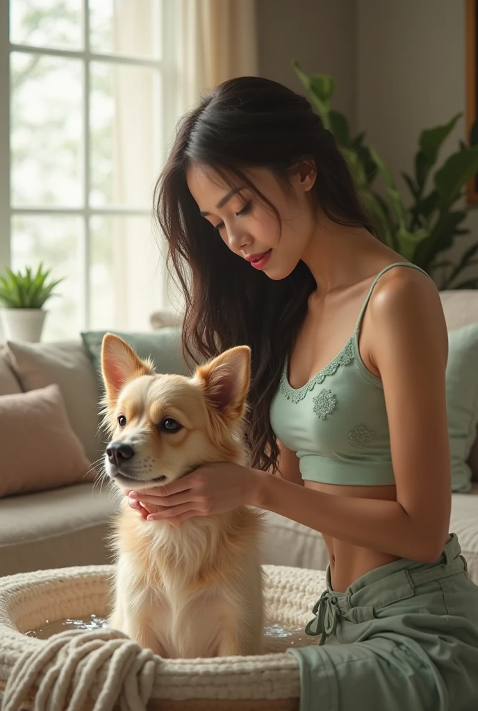 Cute face like an 18-year-old idol　Smiling Kindly　In underwear　Full body portrait　Slightly large bust　sofa　Holding her cute pet miniature dachshund　RAW Photos　Genuine　Indistinguishable from live-action　Raw photo