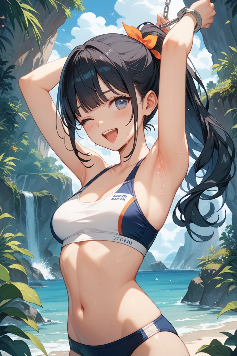 (Melhor qualidade, high resolution, Photorealistic:1.2), ultra-detalhado, realista, pele suada, OL contido com corda,  vibrador, Vibration between wet crotches, O suco do amor escorre da corda, pernas bem abertas, Amarre os tornozelos com uma corda, Boca aberta e gritando, olhos fechados, vendado, estacionar no meio da noite