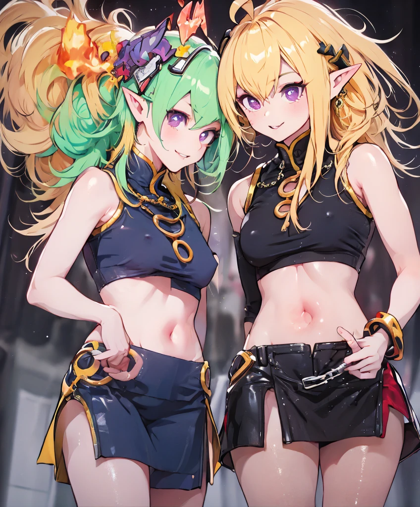 black skin, twin elves, silver-haired, horseman, red eyes, loli, blush, mischievous smile, from below, ((yuri)), staring at each other
