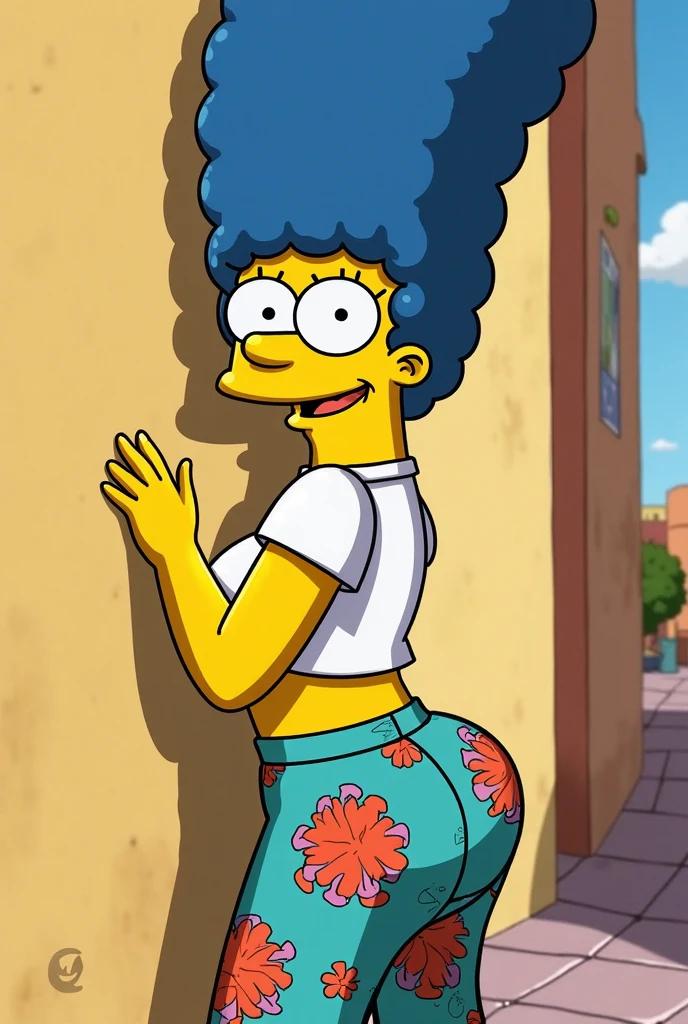 1girl, yellow skin, slim body, medium breasts, wide hips, blue hair, long voluminous hair, Marge Simpson, ocean, palms, sand, sun, clouds, smiling, red sandals, looking at viewer, solo, blue hair, standing, vector colors, close up, (green sleeveless dress:1.3), back view, ass, bending over, white panties, spread legs, skirt lift, upskirt, under view, cameltoe, spread ass, wet legs,