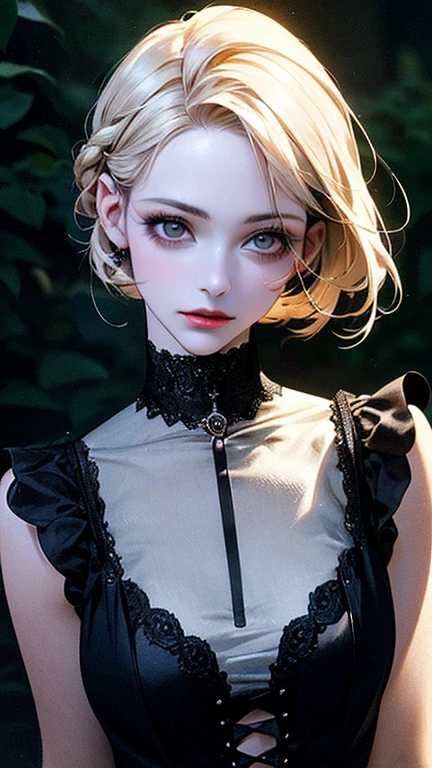 ,flat chested, flat stomach, tiny body, small stature, high quality image of an anime-style gothic girl, the girl has a very thin body, the girl has short legs, her face is sad, the girl has white skin, the girl has very small breasts, The girl is slightly blushing, the girl has little ears, the girl has white hair, the girl has short hair, the girl is posing sexy, the girl is wearing a single black tight dress with pink ruffles, the girl's eyes are bright red, the girl has very marked black eyeliner, The background of the image is a night garden with luminous ghosts,