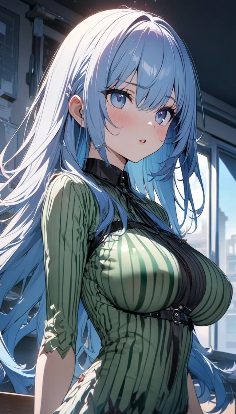 High detailed, masterpiece, High detailed, 1 girl, solo, metallic-green colored hair,, navy-blue eyes, big busty, firm plump body , BLUE jacket, white shirt, , deep cleavage, Juliet sleeves, pencil skirt, black thighhighs, white gloves, Very prideful expression