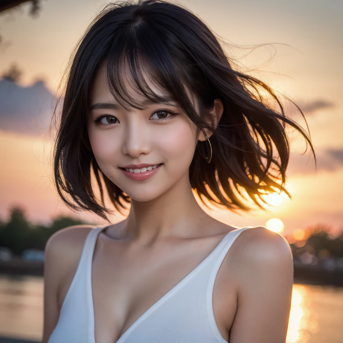 ((highest quality、masterpiece、8K、Highest image quality、Ultra high definition、Award-winning work)、(woman face closeup:1.3)、(close up of nude face:1.3)、(accurate anatomy:1.1)、(A smile staring at me:1.1)、Ultra high definitionの輝く色白美肌、the most detailed face、Ultra high definitionの詳細な顔、Ultra high definitionの髪の毛、(Ultra high definitionの煌めく瞳:1.1)、Beautiful face drawn in super detail、(blurred background:1.1)、very bright and vivid、beautiful japanese actress face、(A fantastic hot spring in an unexplored area deep in the mountains:1.1)、(fantastic fog:1.1)、beautiful bright sunset、epic movie lighting、the most romantic sunset、Ultra high definitionの艶のある唇、Shiny and moisturized skin、lotion