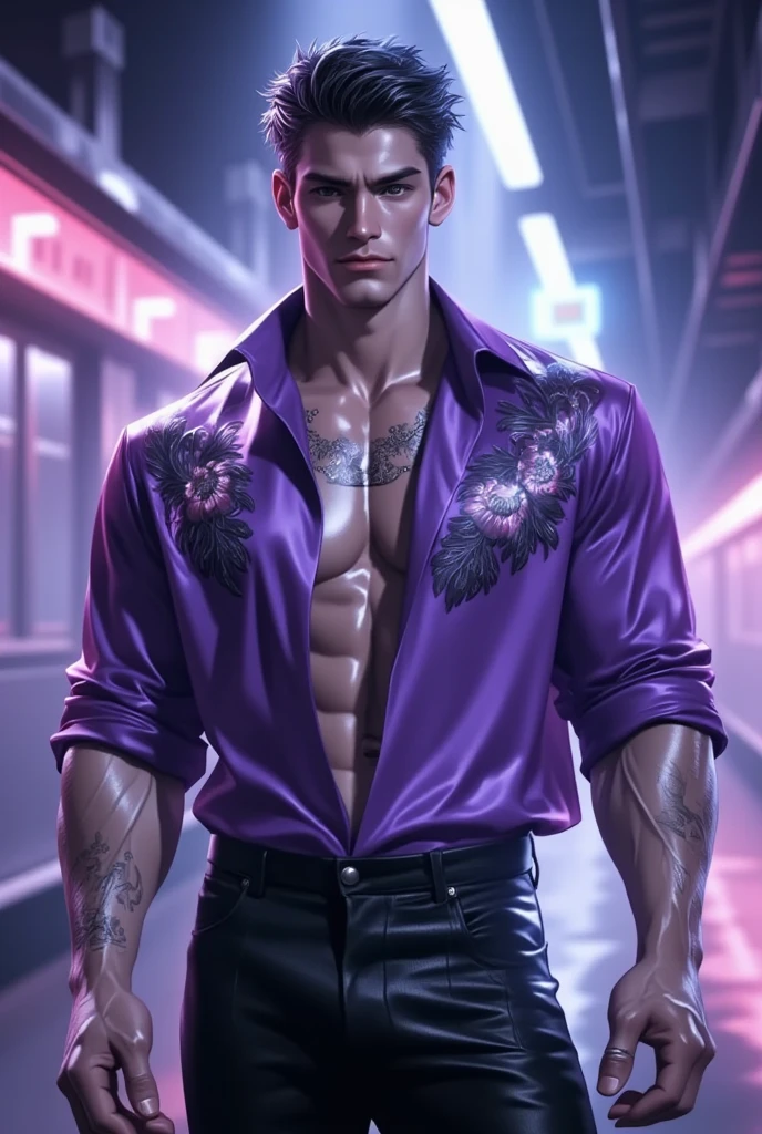 Purple alien, man, abs, buff, hot, cinematic,vibration colors, supernatural powers, spaceship background