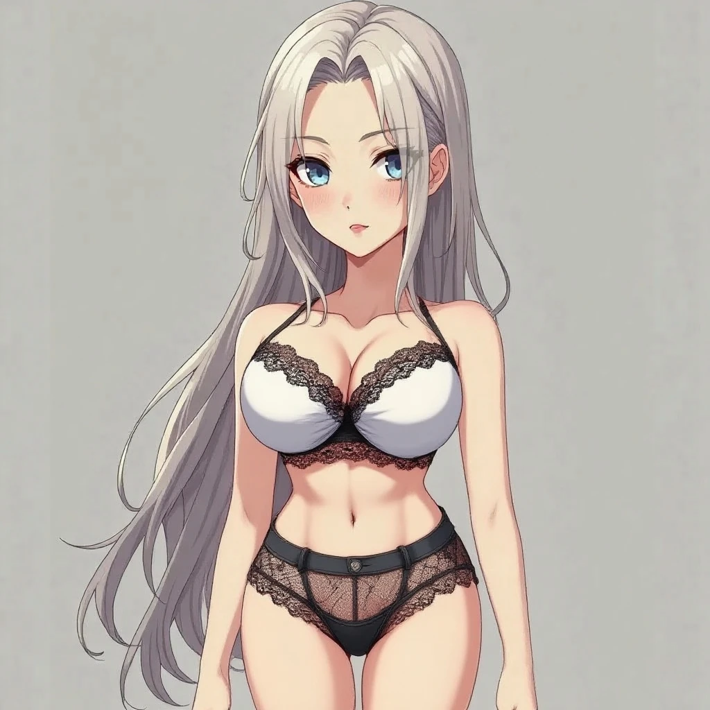 <lora:bralette-off:0.7> bralette bra, lingerie,camisole, cowboy shot,, ultra detailed, masterpiece, best quality, aesthetic, detailed,, serious, 1girl, (white eyes:1.1), (grey eyes:1.3), white hair, very long hair, parted hair, parted bangs, <lora:parted_hair_v1.3:1.3>, medium breasts,