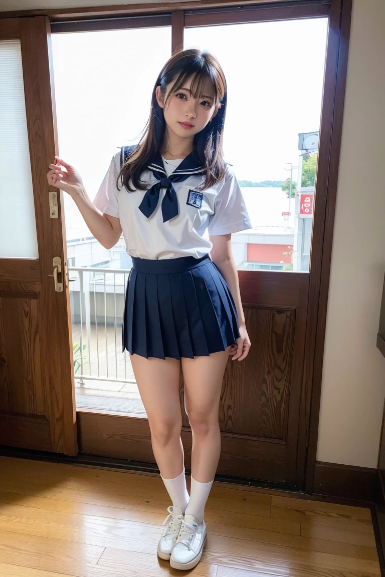 with a girl:her hair is black and short、14 years、laughter、Her face is round and cute、highest quality,super detailed,masterpiece,realistic,Photoreal,bright lighting,1 clove of garlic:1.2), body full、The upper uniform is torn and the bra is visible.、Sexy、the skirt flaps、cute下着、Uniform torn、cute、angle from below、skinny、、very beautiful 17 year old girl, (cute:1.2),A bright smile, black eye,beaver、,(bangs),perfect shiny skin,perfect skin,((erotic,Sexy)), small breasts,big breasts thin waist, look at the audience,sailor suit,high school uniform:1.2、short sleeve,tie,increase,socks、thin thighs、(loafer shoes), daytime,increase