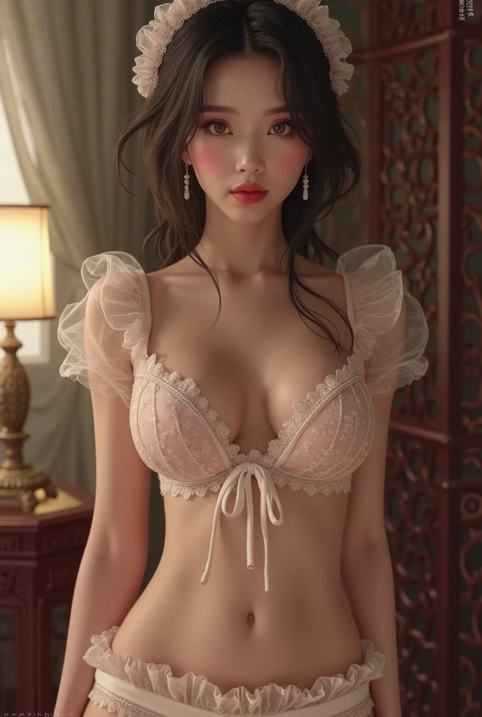 (masterpiece, best quality, extremely detailed 8k, ultra hd, ultra-detailed, highly detailed, highly realistic, ultra-realistic, photo realistic), (1girl:1.5), (detailed realistic skin), (realistic big breasts), (pink lipstick), slender abs,