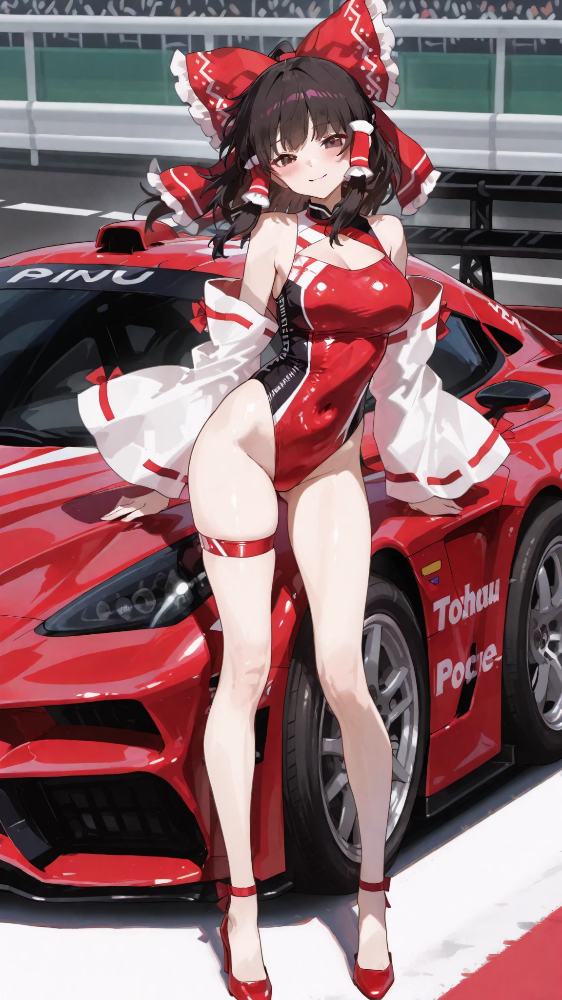 (masterpiece、Highest quality、High resolution、Highest quality、Realistic depiction)Created by older sister(whole body)、Long Black Hair、Beautiful Eyes、Race Queen、uniform(red)、Clothes that accentuate the body lines、、Big Breasts、valley、smile、Sports car in the background、Circuit