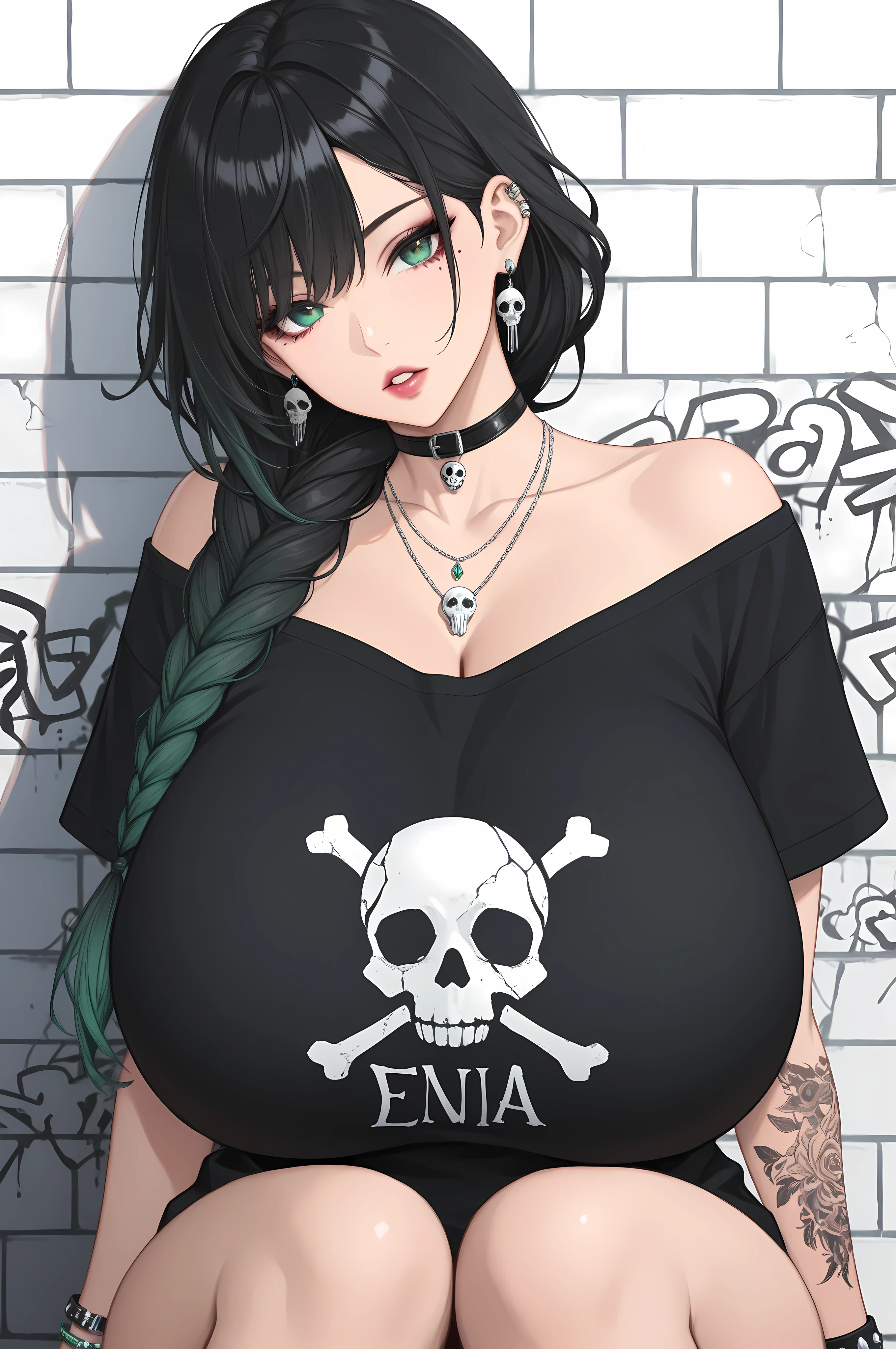1girl, black hair, emerald eyes, long hair, braid, off shoulder, parted lips, multicolored hair, single braid, lips, bare shoulders, collar, makeup, earrings, shirt, choker, necklace, short sleeves, off-shoulder shirt, t-shirt, armlet, gigantic breasts, bracelet, looking at viewer, head tilt, sitting, mole, solo, upper body, print shirt, simple background, white background, clothes writing, jewelry, mole under eye, tattoo, graffiti, arm tattoo, black shirt, black choker, skull print, brick wall, braided ponytail, three quarter view, masterpiece, best quality, very aesthetic, absurdres