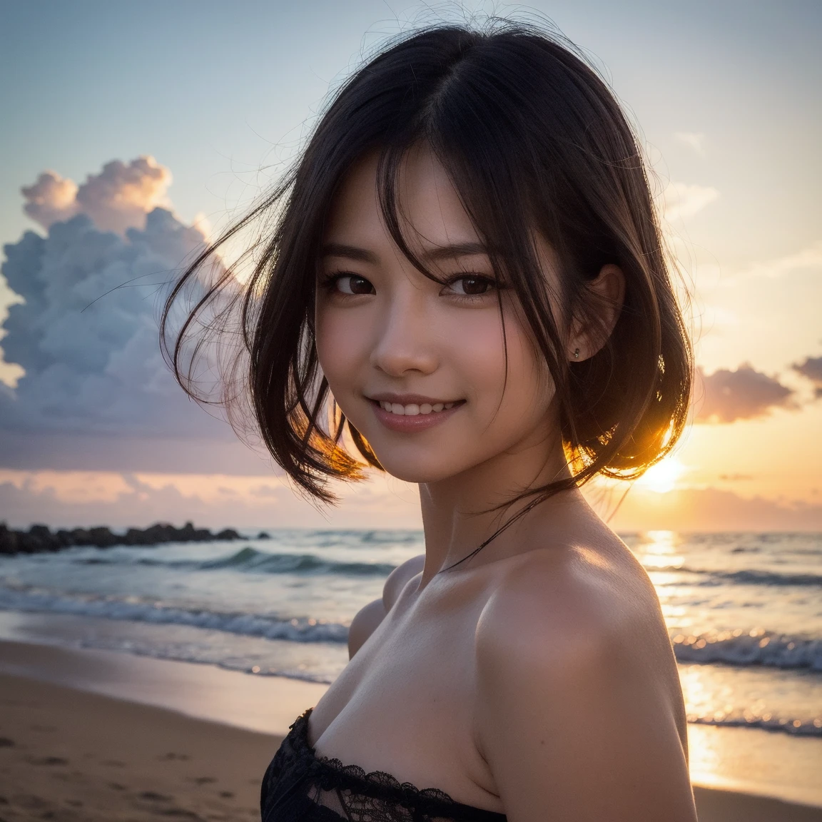 Top quality, 1 beautiful woman, super short hair, Gold hair, shy smile, sunset, at beach