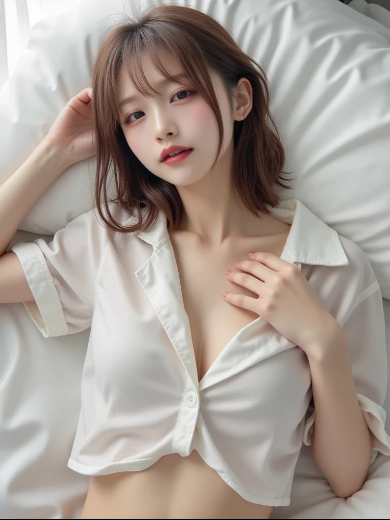 Innocent 14 year old girl、(Wearing ultra-thin cotton pajamas)、Wear small panties、Sitting in the room、A smile、Raw photo, (8K、top-quality、​masterpiece:1.2)、(intricate detailes:1.4)、(Photorealsitic:1.4)、octane renderings、Complex 3D rendering ultra detail, Studio Soft Light, Rim Lights, vibrant detail, super detailing, realistic skin textures, Detail Face, Beautiful detail eyes, Very detailed CG Unity 16k wallpaper, make - up, (detailedbackground:1.2), shinny skin、turned around、lying on stomach, Full body,Lie on the bed on your back,Underwear is slightly visible,cleavage of the breast