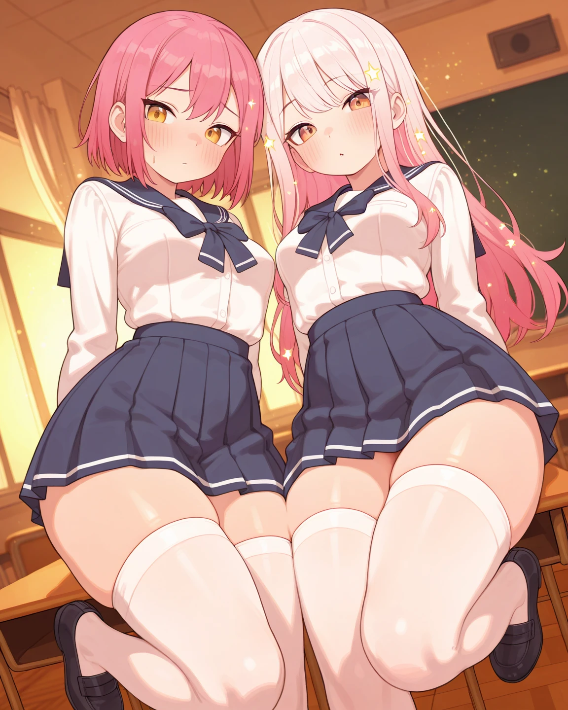 2girls,fullbody, feet focus,
looking down, skirt, standing on one leg, from below, kicking,
,looking down at viewer,{{{from below:1.2}}}, very low-angle shot, View from below},
blonde hair, pony tail, half twin tail
,BREAK,
disdaining ,disgusted face, disgusted face,displeasure,grimance,anguish,furrowed brow,furious,,{{{disgusting:1.5}}},{{{clenched teeth:1.1}}}, look down at viewer, {{{shaded face}}}, masterpiece,absurderes, beautiful detailed face
,Classroom,focus on panties,fine underwear,lace panties
,tiny chest、red blush, gyaru, shirt, plaid, bow, blush,BREAK, white shirt, nail polish, plaid skirt, bowtie, pleated skirt,cleavage
,looking at the viewers, BREAK, masterpiece,absurderes, beautiful detailed face,(masutepiece:1.2), Best Quality, High resolution, Unity 8k wallpaper, (Illustration:0.8), (Beautiful detailed eyes:1.6), extra detailed face, Perfect Lighting, extremely details CG, (Perfect hands, Perfect Anatomy),(Skirt lift:1.3), (Skirt that rolls up:1.3)、(Fully exposed panties:1.5)