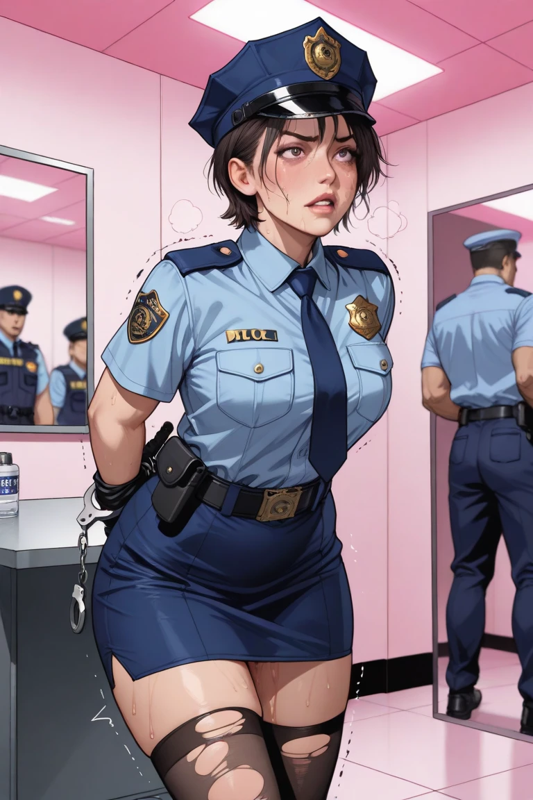 2 policewoman, get kidnapped, policewoman in the locker, tied up, solo, gag, injury body and face, bruised body, bound, gagged, tape blindfold, tears, arms behind back, 