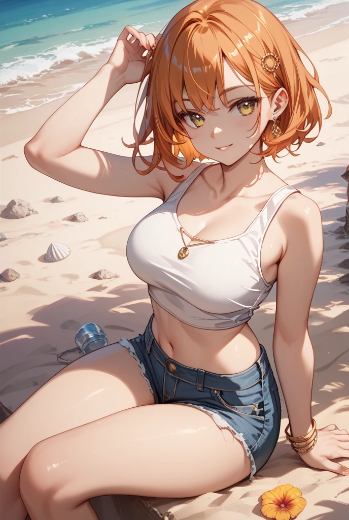 a view of an adult woman wearing a wearing denim shorts and a orange top, big breast, 1girl, solo, smile, orange hair, short hair, shirt, shorts, full body, crop top, looking at viewer, muscular arms, hands down, black over-the-knee socks, standing, legs and feet are also visible, brown eyes, beach, chubby