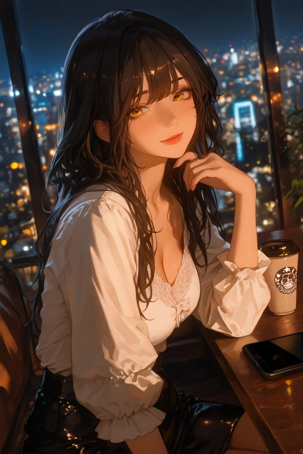 a woman sitting on a window sill next to a bottle of wine and a bottle of wine in front of her,global illumination,a painting,romanticism, retro artstyle, Takata Akemi, beautiful, masterpiece, best quality, detailed face, perfect lighting, 1girl, solo,cute, kawaii,lonely,lovestruck, blush,Mature ,beautiful woman , long black hair, messy bangs,autumn,,blurry,blurry_foreground,bottle,goblet,depth_of_field,fire,food,fruit,leaf,long_hair,looking_at_viewer,plant,potted_plant,sunset,breeze, , <lora:takada_akemi_offsetv10:1:MIDD>,
