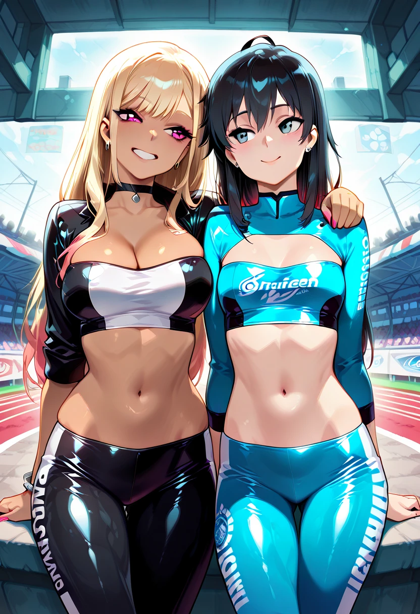 (masterpiece:1.2, Highest quality), (Realistic, photoRealistic:1.4), Beautiful illustrations, (Natural Side Lighting, Cinema Lighting), avert your eyes, (Cowboy Shot), 1 female, Grid Girls, Age 25, (((Mature Woman))), (Beautiful anime faces), Japanese, Perfect Face, Perfect Anatomy, Symmetrical cute face, Glowing Skin, Blunt bangs, (Intense glowing purple eyes:1.3), ((Blonde)), Beautiful Hair, Beautiful Face, Beautiful clavicle, Beautiful body, Beautiful breasts, Beautiful thighs, Beautiful legs, Beautiful fingers, (Perfect Face, Perfect Anatomy), (Two legs, Five Fingers), ((Grid Girls, Racing Suits, Race Queen Costume:1.3. Purple and black bodysuit with sponsor logos:1.3, Shiny arm covers:1.3, Shiny knee-high boots:1.3)), (Beautiful views), Written boundary depth,((Tall Woman), (Slim figure), (small breasts directed upwards)), (masterpiece:1.4), (Highest quality:1.4), Realistic, 1 girl, (Pull your arms back, Leaning forward), (masterpiece, Premium Quality: 1.2), ((A face that is frightened)), ((Spread your legs, Spread your legs)), ((Chain around neck)), Spread your legs, M-shaped Spread your legs, Spread your legs, Spread your legs, ((Open your thighs)), masterpiece, Highest quality, Ultra-precision, really beautiful, Highest quality, High resolution,Anatomically correct hand, View from below, (Silicone Skin)