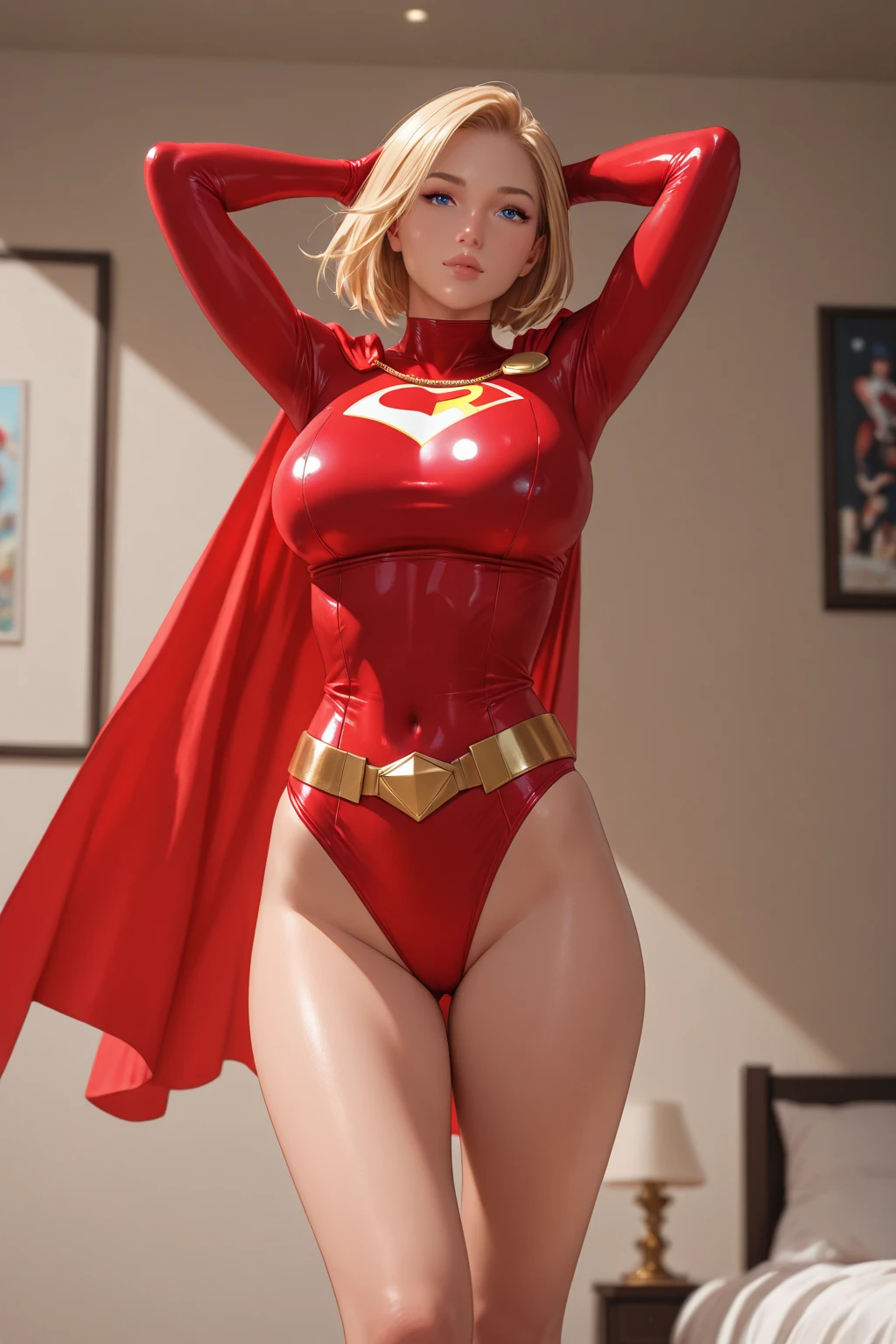 Supergirl milf loira plus size, corpo inteiro plus size, Perfect hand details, voando, Background city destroyed, Fantasia Sexy Supergirl bodysuit, mostrando as pernas, Showing the pubis, visible crotch, micro calcinha vermelha, top azul, top decotado, barriga saliente, visible whole body, blonde hair, capa vermelho de fluxo longo, Background of an apocalyptic destroyed city, daytime period, lifelike lighting, Perfect hand details, realistic medium breasts, decote, barriga saliente, seios coberto, roupa colada.