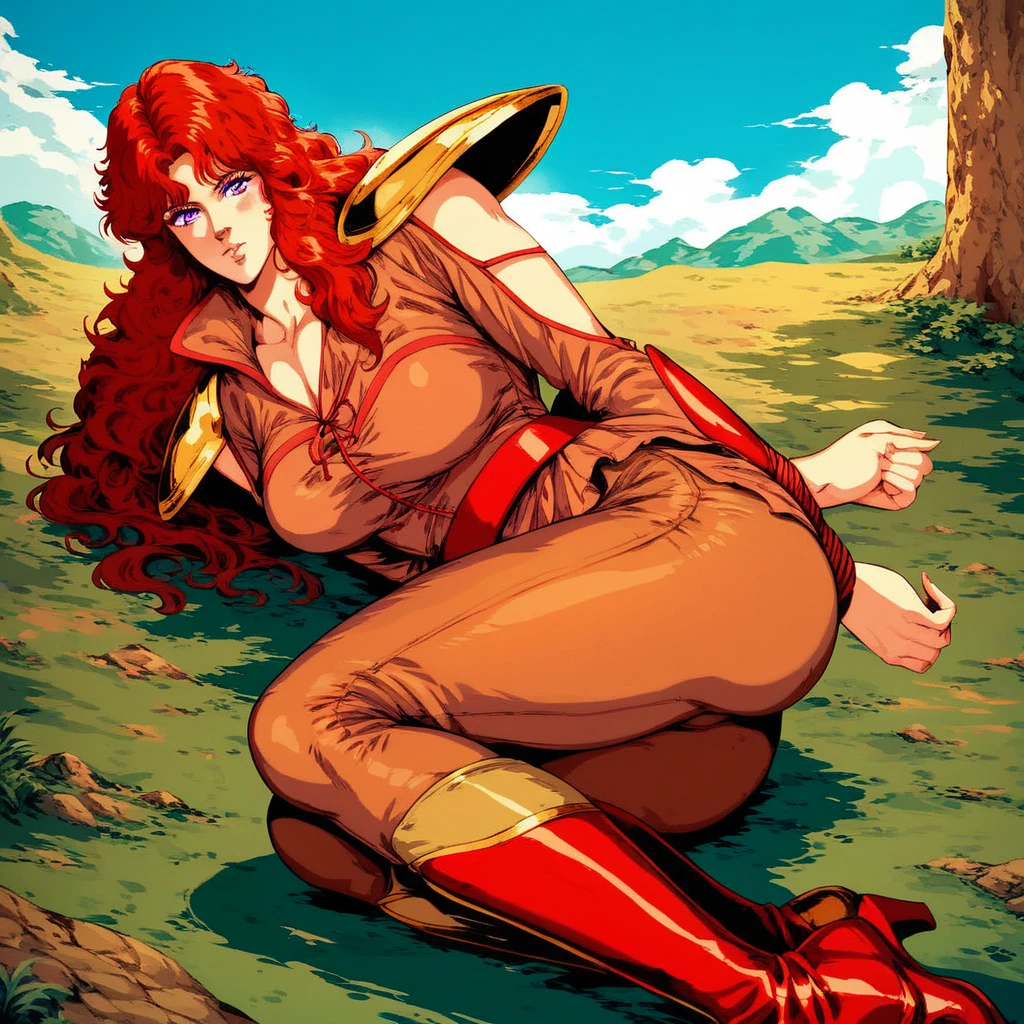 red spiky hair, beautiful woman, wide hips, cleavage, jumpsuit, leotard, heavy boots, soviet propaganda