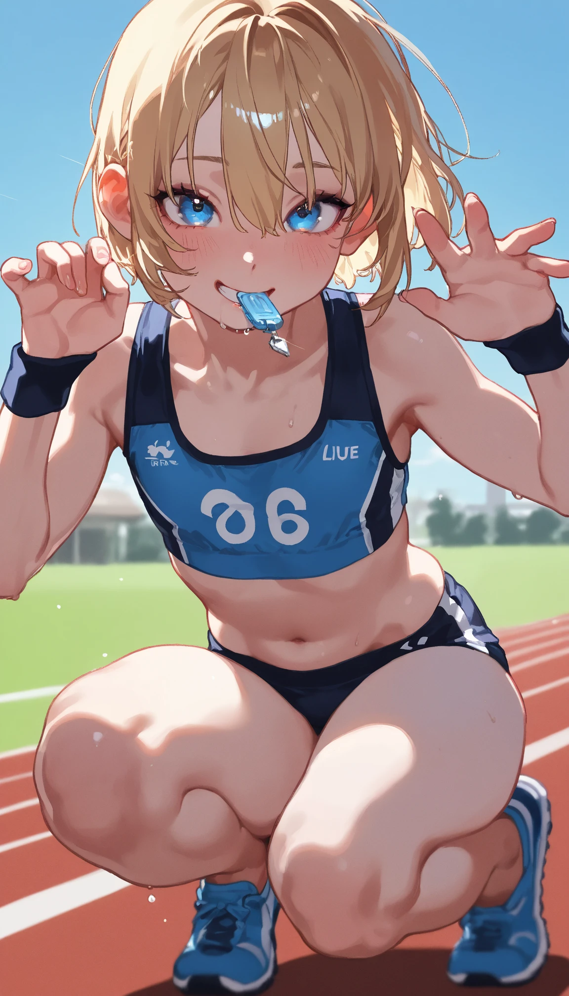 mari_\(blue_archive\), nsfw, masterpiece, 1 girl, erect nipples, intricately detailed, topless, navel, blue gym shorts, gym outfit, bare shoulders, track field, erect nipples, puffy nipples, extremely detailed, game, small breasts, nipples, bare stomach, sweaty, moist breath, flat chests, white headband, small breasts, collarbone, sweaty, orange hair, sitting, smiling, sweaty, aqua eyes, animal ear, open mouth, long tongue, tongue out, semen on body, very large penis, semen on face, licking the penis, fellatio, deepthroat, ahegao, eyes rolling up, neck collar