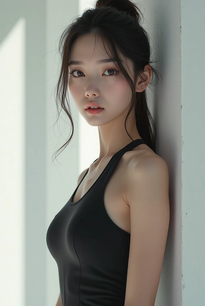 ((closed lips)),(Actually, high resolution:1.3), Korean woman, very beautiful face, (photo realistic:1.4),(masterpiece, 4K, best quality, ultra detail),studio shoot,pictorial,photography,Realistic eyes, very detailed face, detailed lips, normal hand, shiny lips, simple background ,((closed lips))