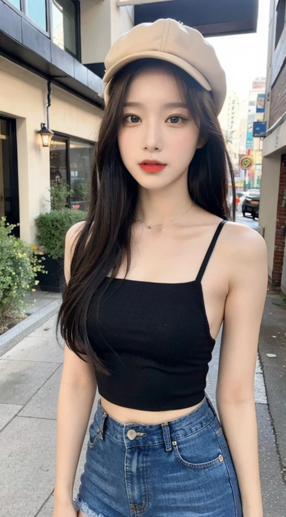 A girl of about 338 years old,simplicity,Extremely beautiful and delicate,(light make-up),Black color hair,A sweet smile,Delicate and beautiful fair skin,Realistic and realistic,exquisite and complete facial features,Detailed depiction of the face,tall nose bridge,Red lips,Beautiful, gentle and beautiful girl,Smooth hair,extremely detail hair,Feminine temperament,Fill your face light,hyper realisitc,photorealestic,8K quality,extremy detailed,Realistic details,Works of masters,Realistic to the extreme,big breasts body,Beautiful,Pure desire,Stunning beauty,Peerless beauty,Highest image quality,8K分辨率,goddes,ssmile,Fine facial features,Hair over the shoulder,A brown-haired,Large long thick legs,(((High-waisted French top))),(((short skirt))),rays of sunshine,facing at camera,The body is well-proportioned and firm,Gentle eyes,Exposing thighs,stand posture,Stand inside the mall,Full body photo