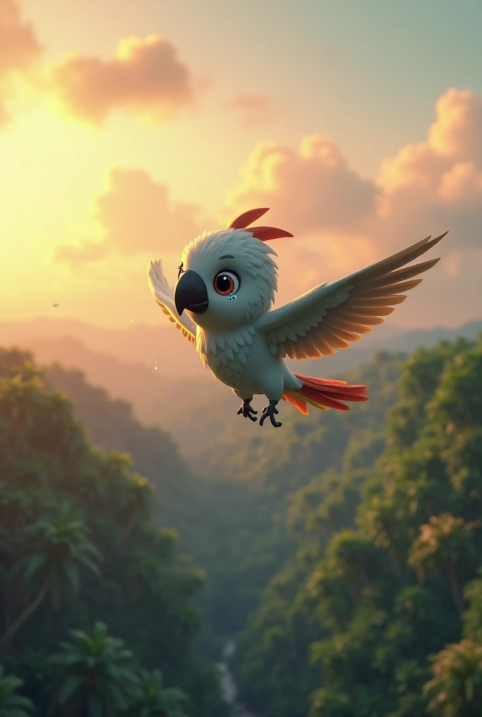 ((, )), rio movie, jungle landscape, nigel a male white cockatoo avian, white feathers, ((anthro)), big size human body, furry, feathered arms, thick body, tall body, ((exposing big tapering , )), standing, brown eyes, bedroom eyes, , realistic, digitigrade legs, detailed eyes