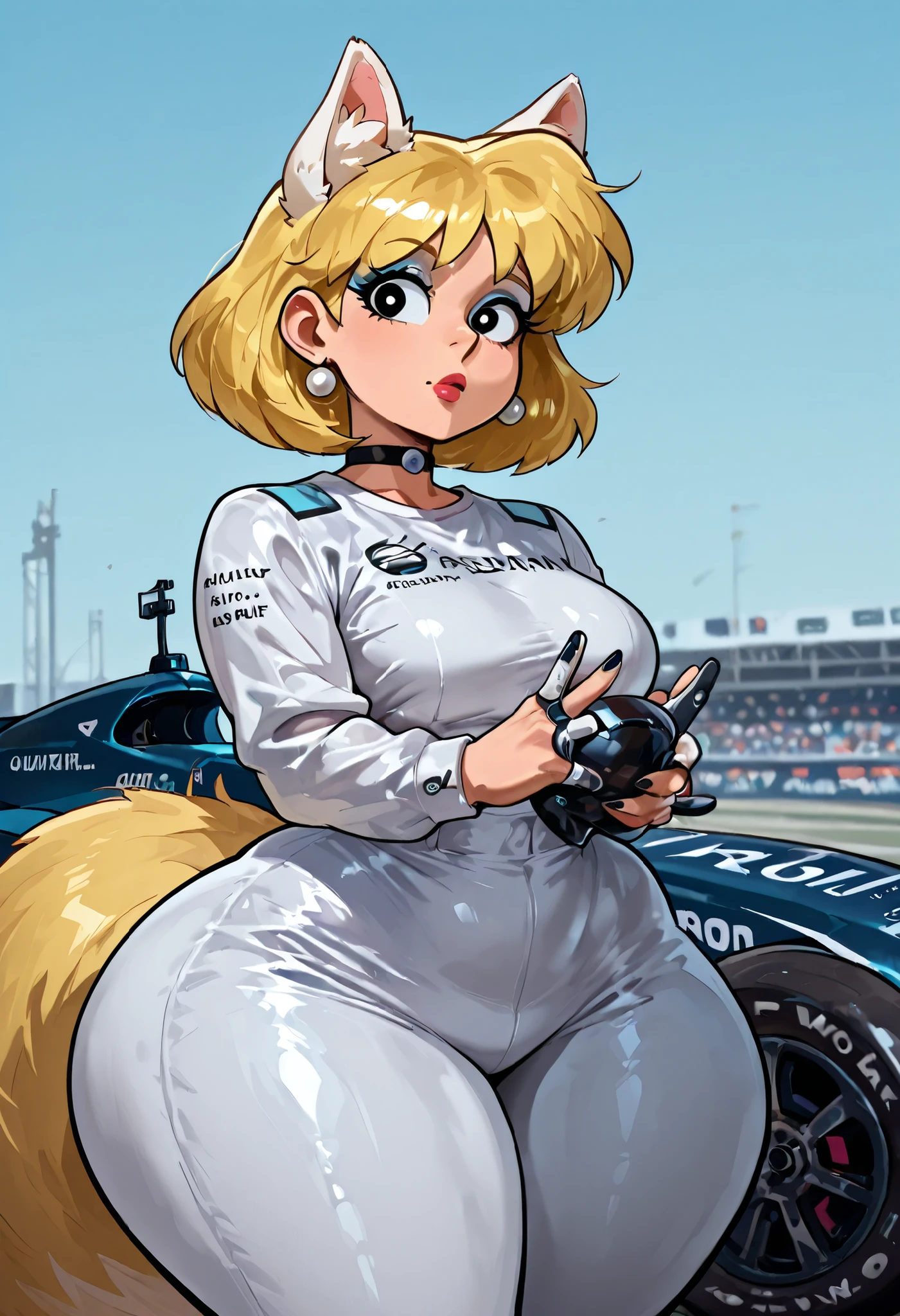 20 year old woman, busty, bubble butt, hourglass figure, skinny, blushing, arroused expression, horny, smirk, long hair, platinum blonde hair, wavy hair, wearing white catsuit, zipper, zipped catsuit, belt, straps, cleavage, tight fitting clothing, at racetrack, racecars, anime, flat colors