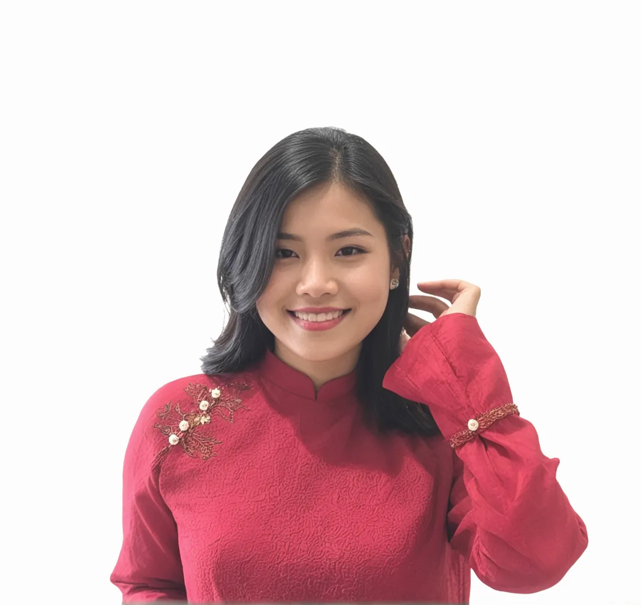 A beautiful 20 year old woman wearing a kebaya with a thin smile, Bedroom background