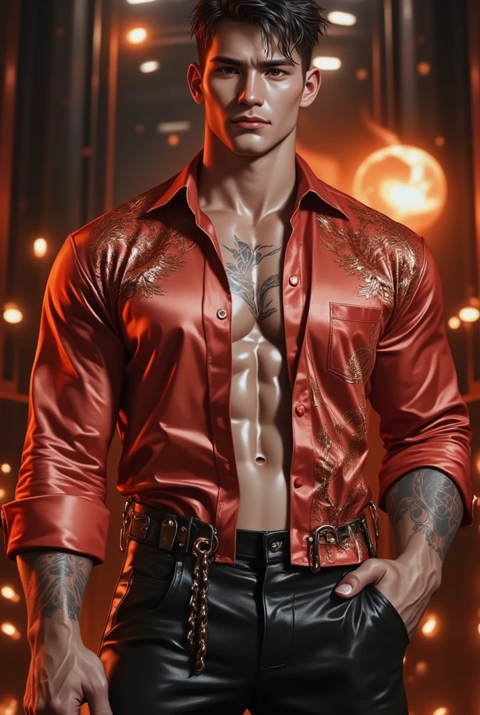(absurdres, highres, ultra detailed, Ultra HD), ((tall handsome muscular man with a strong physique, solo, male model modern clothing, Full length portrait: 1.5, wearing a zip-up jumpsuit that is unzipped,)), beautiful, gorgeous, wet, mature, perfect eyes, sexy gaze, (looking at the viewers romantically), perfect body, smooth skin, a hot glow in his skin, extra large chest, largest breasts, extremely large pectorals, big nipples, breathtaking grandeur, model pose, colorful, artistic, focus on his calm facial features, elegant look, sexy posture, full body view, (tattooed chest:1.2),