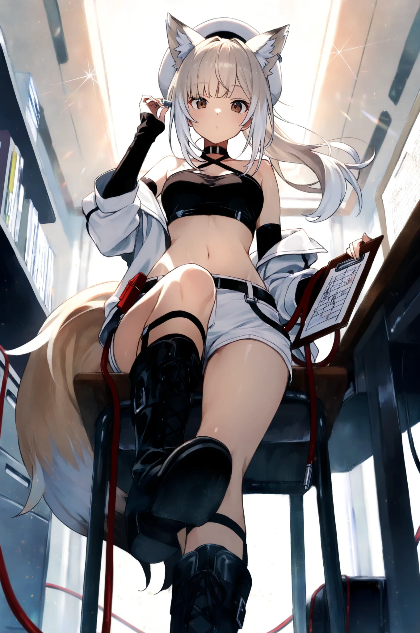 silver hair, blue eyes, cat ears, navel, cleavage, neat black uniform, long straight hair, sleepy expression, very large breasts, slightly approximate, leash