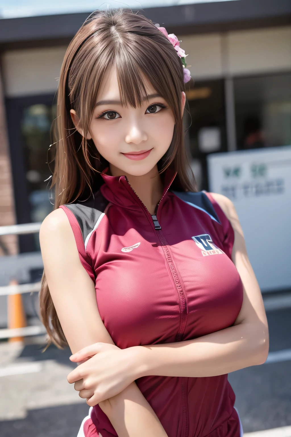 (A beautiful Chinese volleyball player, age 23, wearing White Tight Lightweight Synthetic Jersey, Red Spandex Shorts, Ankle Braces and Knee Pads, posing for a Philanthropy Event, graceful expression, kind smile, dimpled chin, cute snaggle-tooth, ponytail, symmetrical face, beautiful detailed face, beautiful detailed eyes, perfect body proportions, ample round bosom, photorealistic, hyper-realism, high contrast, ultra HD, realistic skin textures, top image quality, top-quality, super high resolution, fine details, very meticulously, masterpiece, head to knees, High Angle Shot, Positive Atmosphere, bokeh background)