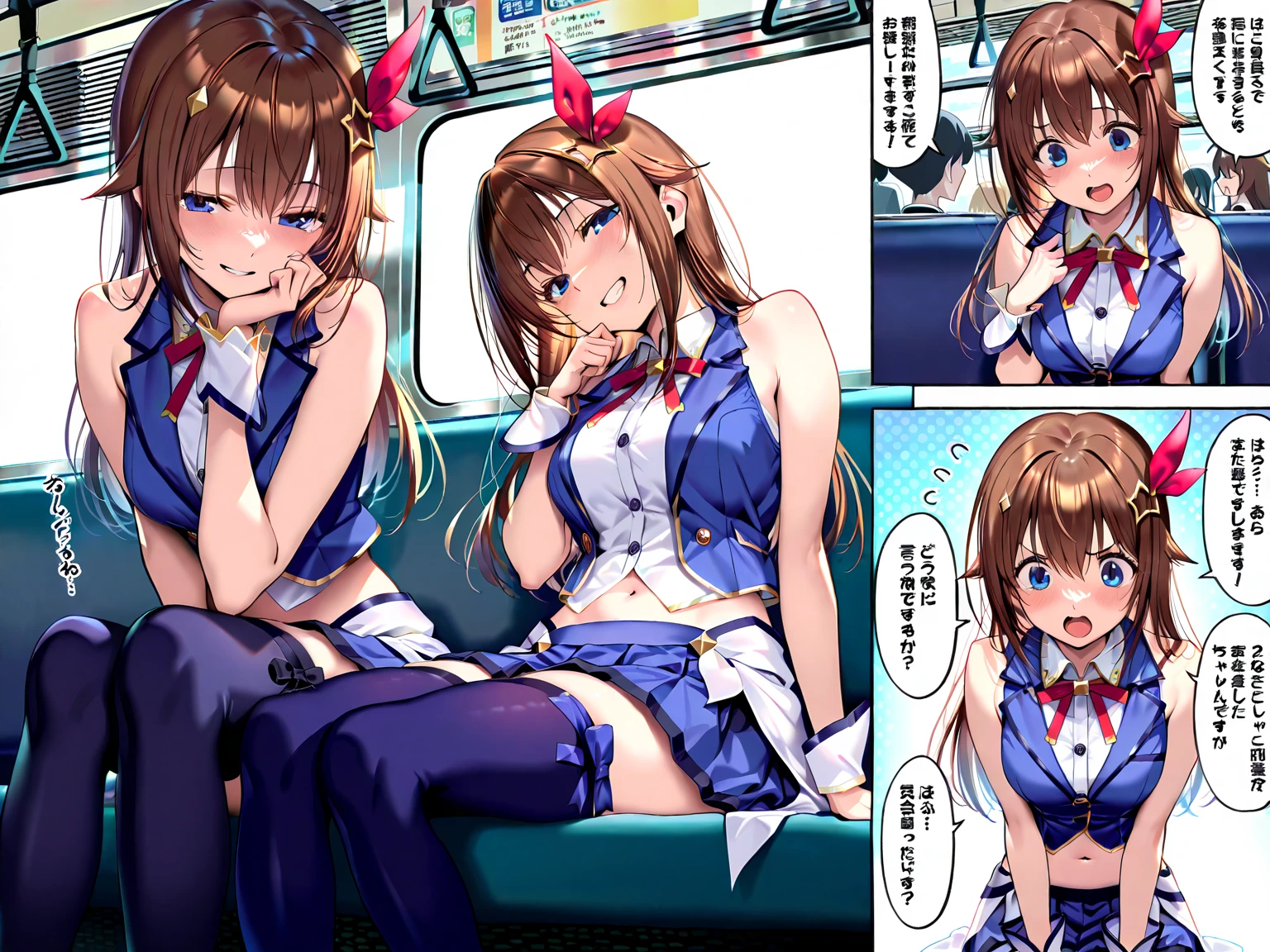 (NSFW:1.3), masterpiece, highest quality, ultra high resolution, highest resolution, very detailed, highly detailed face, (from below:1.1), daiwa swim, long hair, twin tails, hair ribbon, tiara, horse ears, blue one piece swimsuit, horse tail, big breasts, wide open legs, raised my feet, school uniform, half undressed, cowboy shot, (sex with multiple men:1.3), spread your legs, Liar, chest comes out, cute face, embarrassing, ecstasy, close your mouth, event venue, Group of boys, Boy filming with camera, anime style
