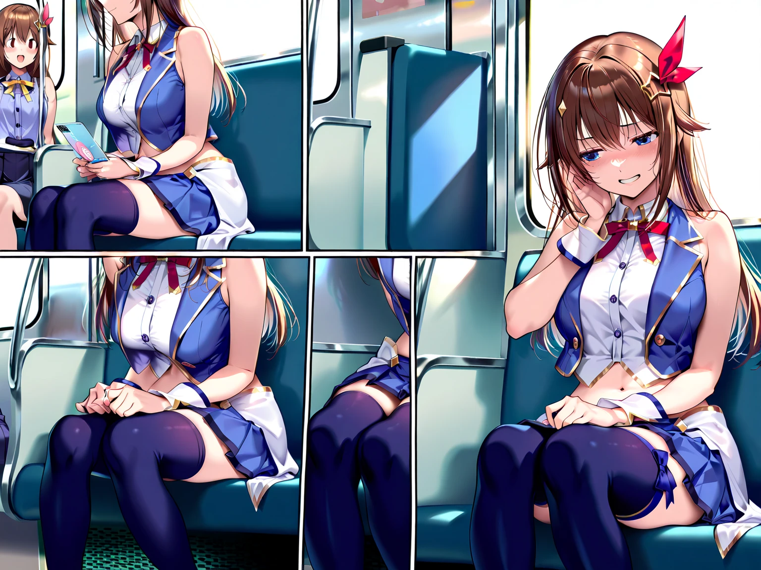 Brown-haired schoolgirl、Green skirt、light blue cardigan、Semi-long hair、Blue headphones、Black stockings、red blush、embarassed face、Black sheer lace panties、(pussy juice)、Camel hoof、no bra、Legs are thin、On the train、Solo