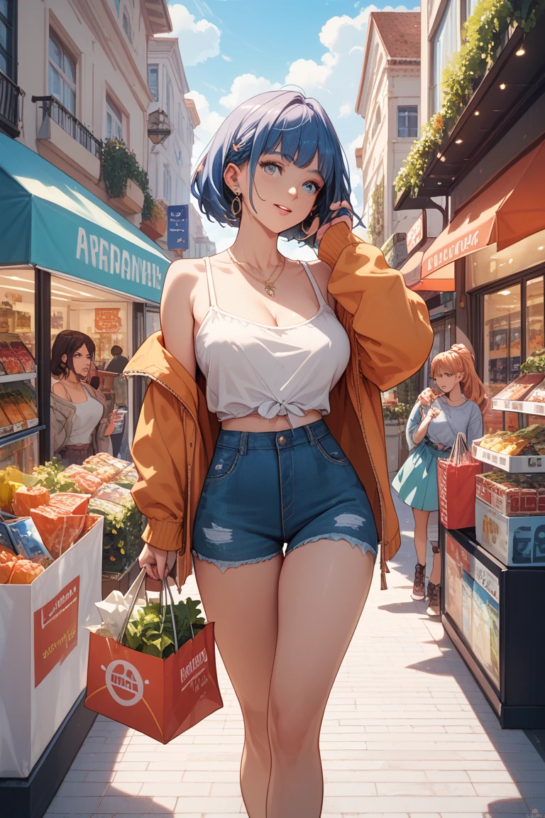 ８K,Silver hair, very short hair, slanted eyes, medium breasts（C Cup)-Pale blue eyes、spring、Random pose、Shopping Street、Off the shoulder、jeans、smile、Waving