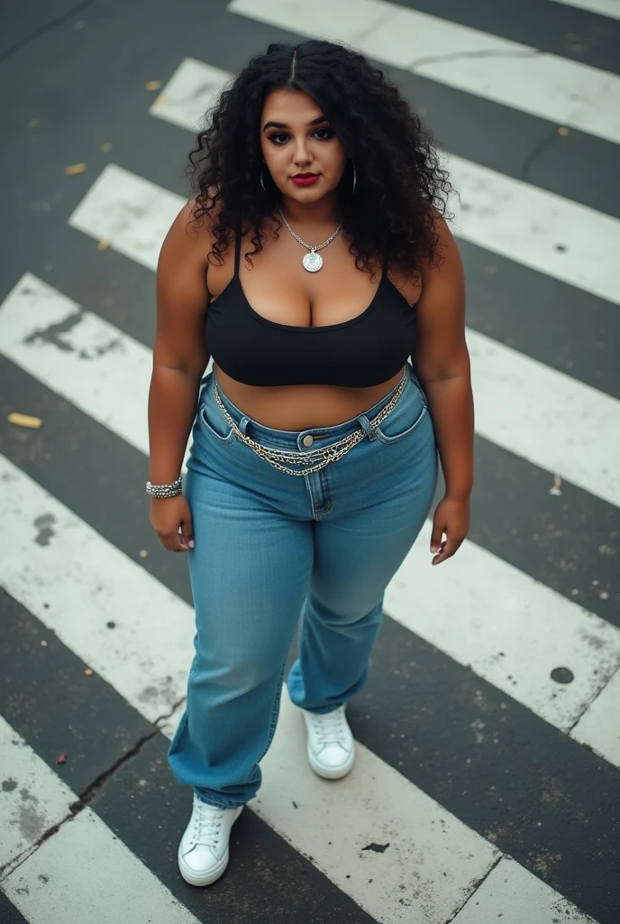A busty and big-assed plus size woman dressed in mini clothes with long curly black hair, curtain/brunette 1,56 tall with arm covered in fineline tattoos, wears white cat-eye glasses and a septum piercing
