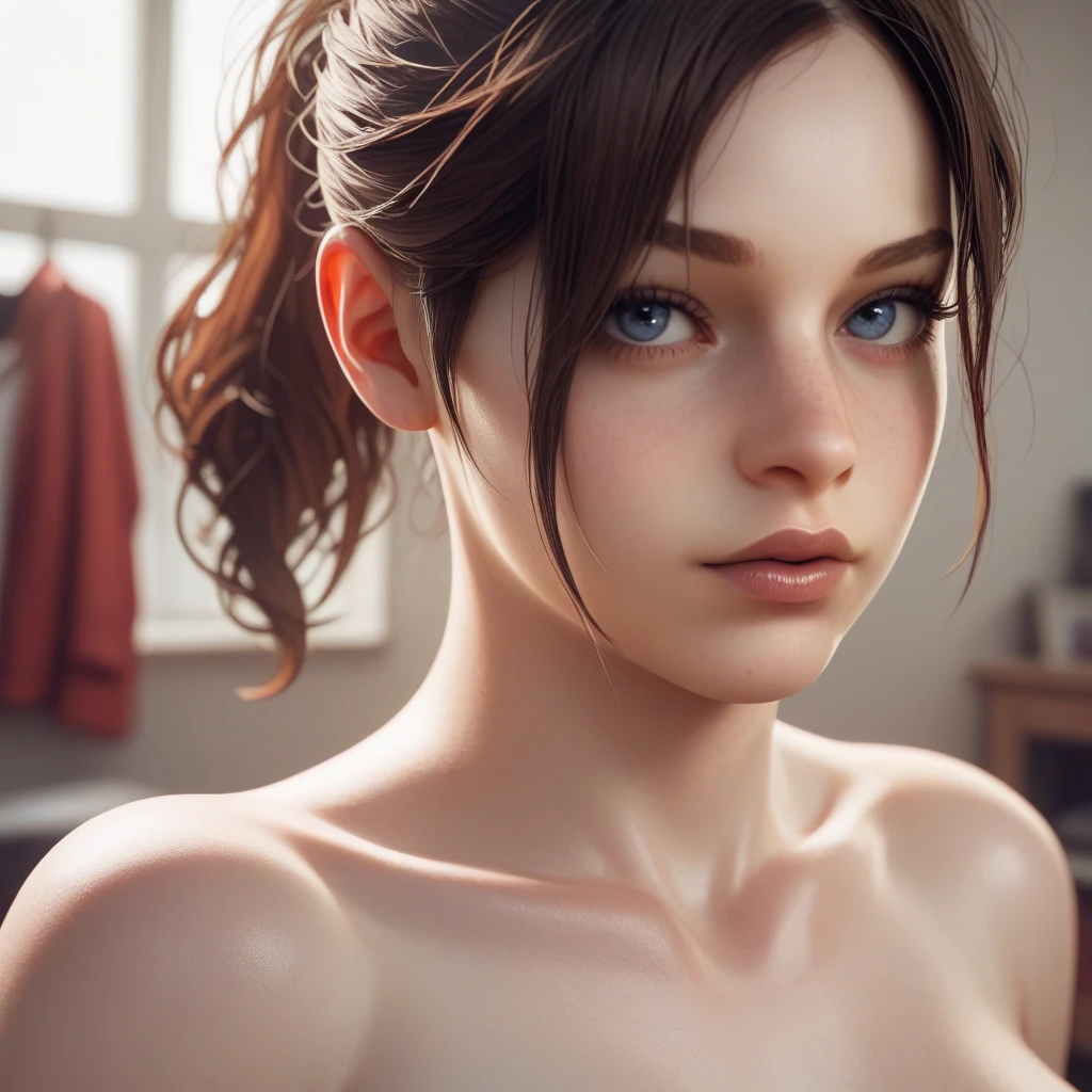 1girl,( looking at viewer:1.5),(FACE FOCUS),(upper body),, (closed mouth:1.5), high definition,1HEAD,, best quality, ultra high res, (photorealistic:1.5),(Skin reflection:1.3), RAW photo,physically-based rendering,, shiny skin,, curvy, , simple background,