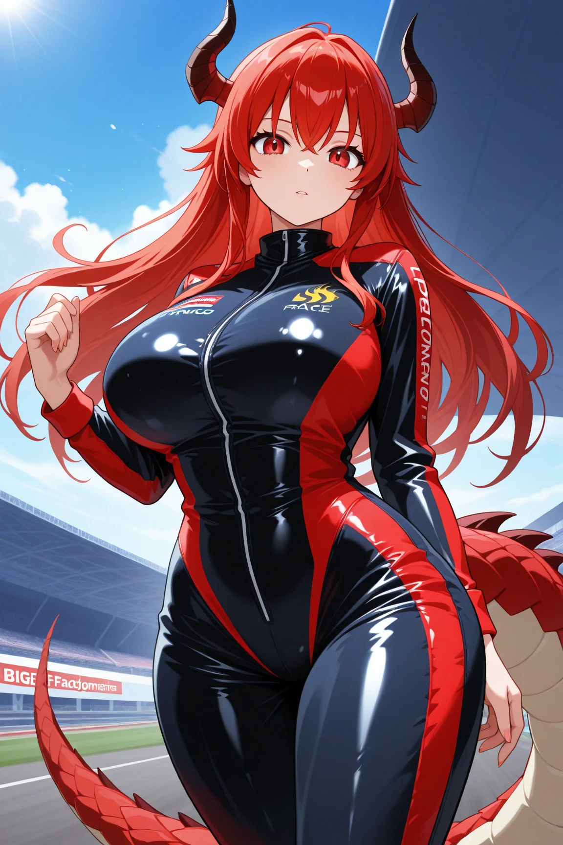 1girl, SilenceSIzuka, silence_suzuka_\(umamusume\), mature female, blue eyes, orange hair, (horse ears), horse girl, (horse tail:1.2), bangs, highly detailed clothes, heavy breathing, thick thighs, hoop earrings, necklace, jewelry, outdoors, smile, wearing microdress, bodycon, shiny dress, elbow gloves, miniskirt, waist cutout, o-rings, looking at viewer