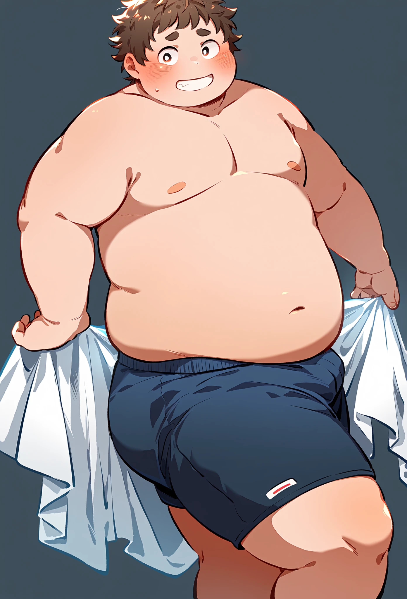 A fat man，Obsessed with the eyes，Black round glasses，short hair，Round inches，Big round face，Very large and well-developed chest muscles，Big full belly，Standing on the sandy beach at night with the moon far away，The upper body is bare，Wearing black briefs with a bulge in the crotch，Oriental male，full-body shot