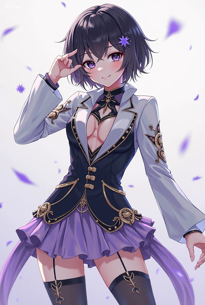 highest quality、Woman 1,22 years old，Perfect limbs、Accurate anatomy、Detailed Description，Super Beauty，Slender beauty、short hair、Black Hair，Pink Cheeks,Beautiful Skin，White and purple idol costume、Dark purple panties、Black knee-high socks、Beautiful big breasts、Exposed thighs，Live Stage、sing、Dancing、Big smile，((Sweat:1.2))，The white spotlight shines on her.