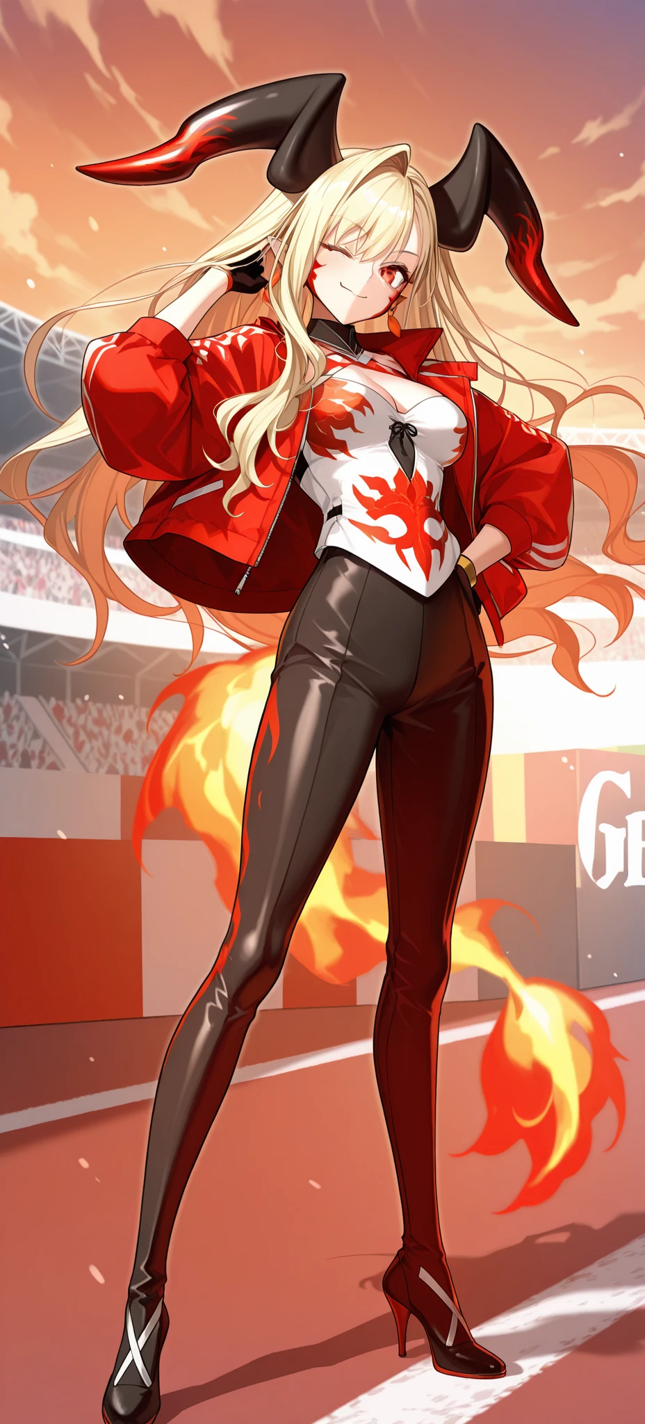 Cheerleader, cute woman, holding down a katana, big smile, expressive, simple nightscape, confident smile, ultra detailed face, better quality, perfect eyes Blue, glowing eyes, long eyelashes, sharp eyes, ultra detailed face, ultra long hair, ultra detailed hair, ultra detailed hair strands, catwalk, walking down the streets, night, starry Sky, ultra detailed lips, Red lips, 