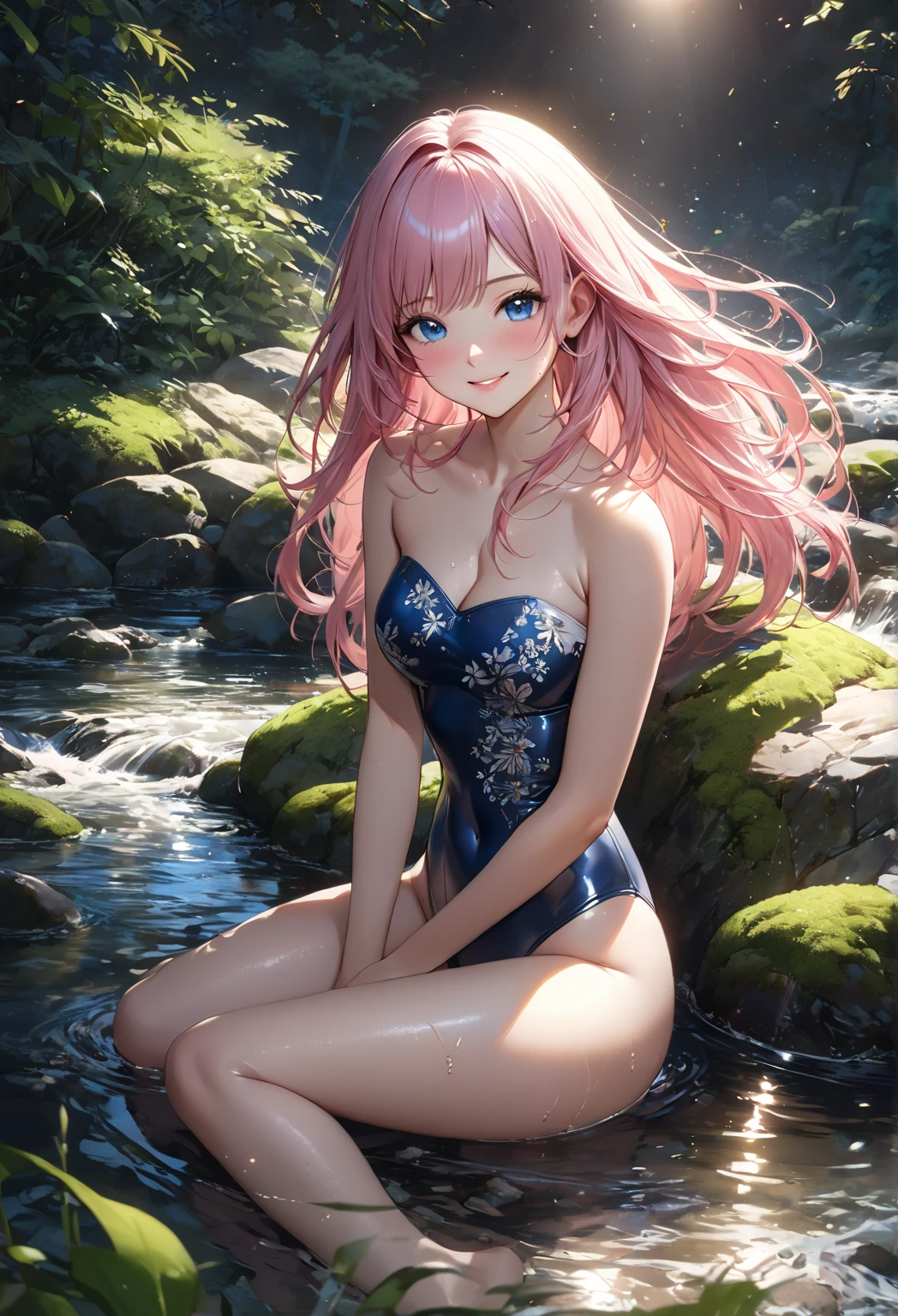 top-quality、Photorealsitic、An ultra-fine illustrations、beautiful attractive anime girl、Megurine Luca、A pink-haired、one girls、a photo of girl、Full body shot、(perfect anatomia)、Beautiful blue eyes、ssmile、deep in the night、In calm waters、sky at night、(Swimsuit with transparent and crotch:1.2)、(Dark background with only sea and sky)、